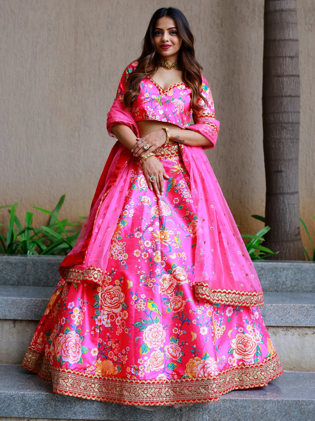 Awesome Pink Floral Printed Art Silk Engagement Wear Lehenga Choli - Zeel Clothing