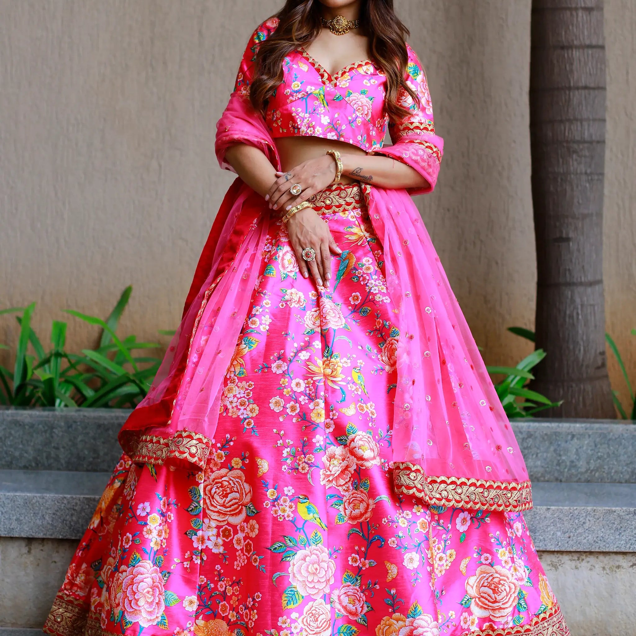 Awesome Pink Floral Printed Art Silk Engagement Wear Lehenga Choli - Zeel Clothing