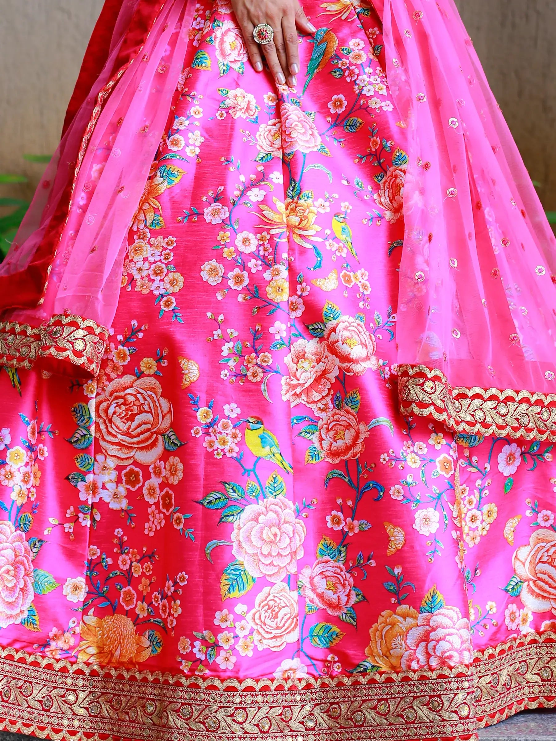 Awesome Pink Floral Printed Art Silk Engagement Wear Lehenga Choli - Zeel Clothing