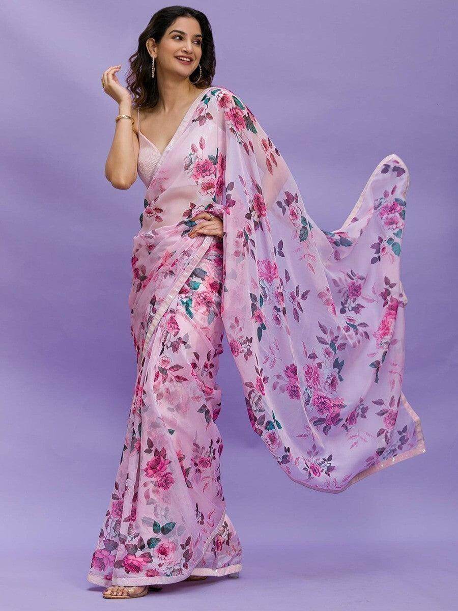 Awesome Pink Floral Printed Chinon Saree With Sequin Blouse - Zeel Clothing