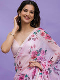 Awesome Pink Floral Printed Chinon Saree With Sequin Blouse - Zeel Clothing
