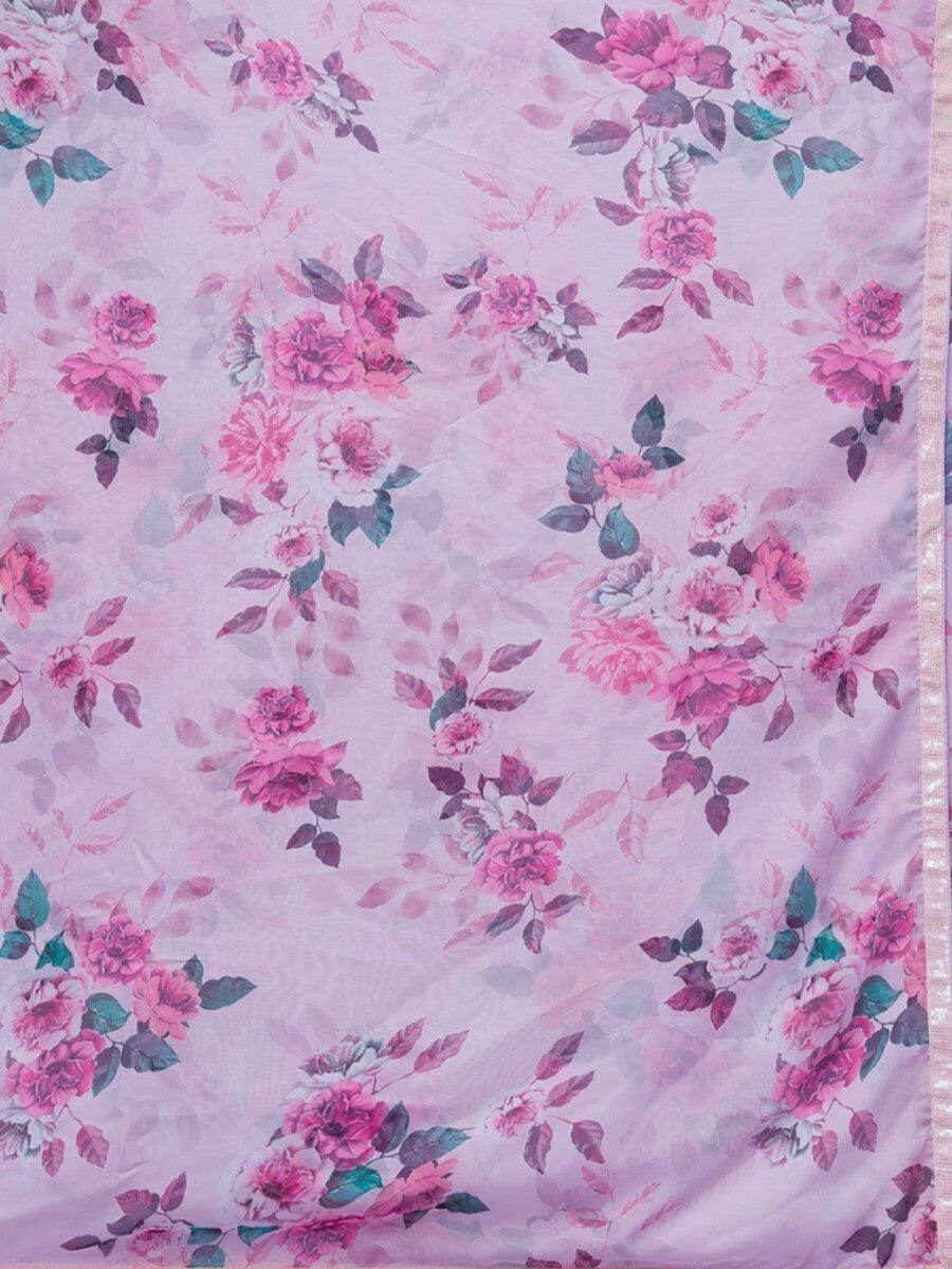 Awesome Pink Floral Printed Chinon Saree With Sequin Blouse - Zeel Clothing