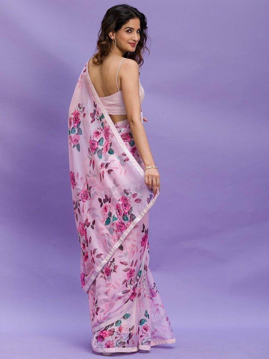 Awesome Pink Floral Printed Chinon Saree With Sequin Blouse - Zeel Clothing