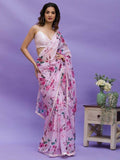 Awesome Pink Floral Printed Chinon Saree With Sequin Blouse - Zeel Clothing