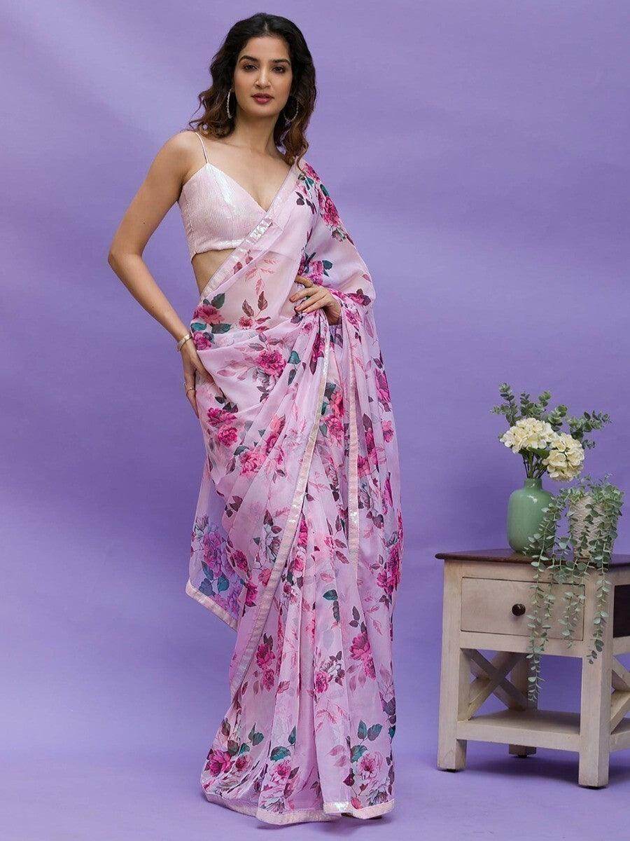 Awesome Pink Floral Printed Chinon Saree With Sequin Blouse - Zeel Clothing