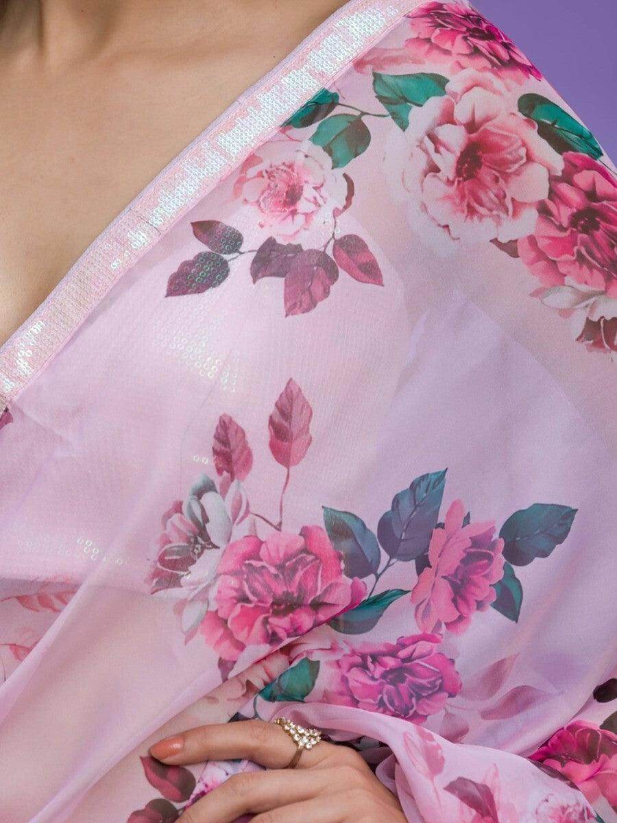 Awesome Pink Floral Printed Chinon Saree With Sequin Blouse - Zeel Clothing