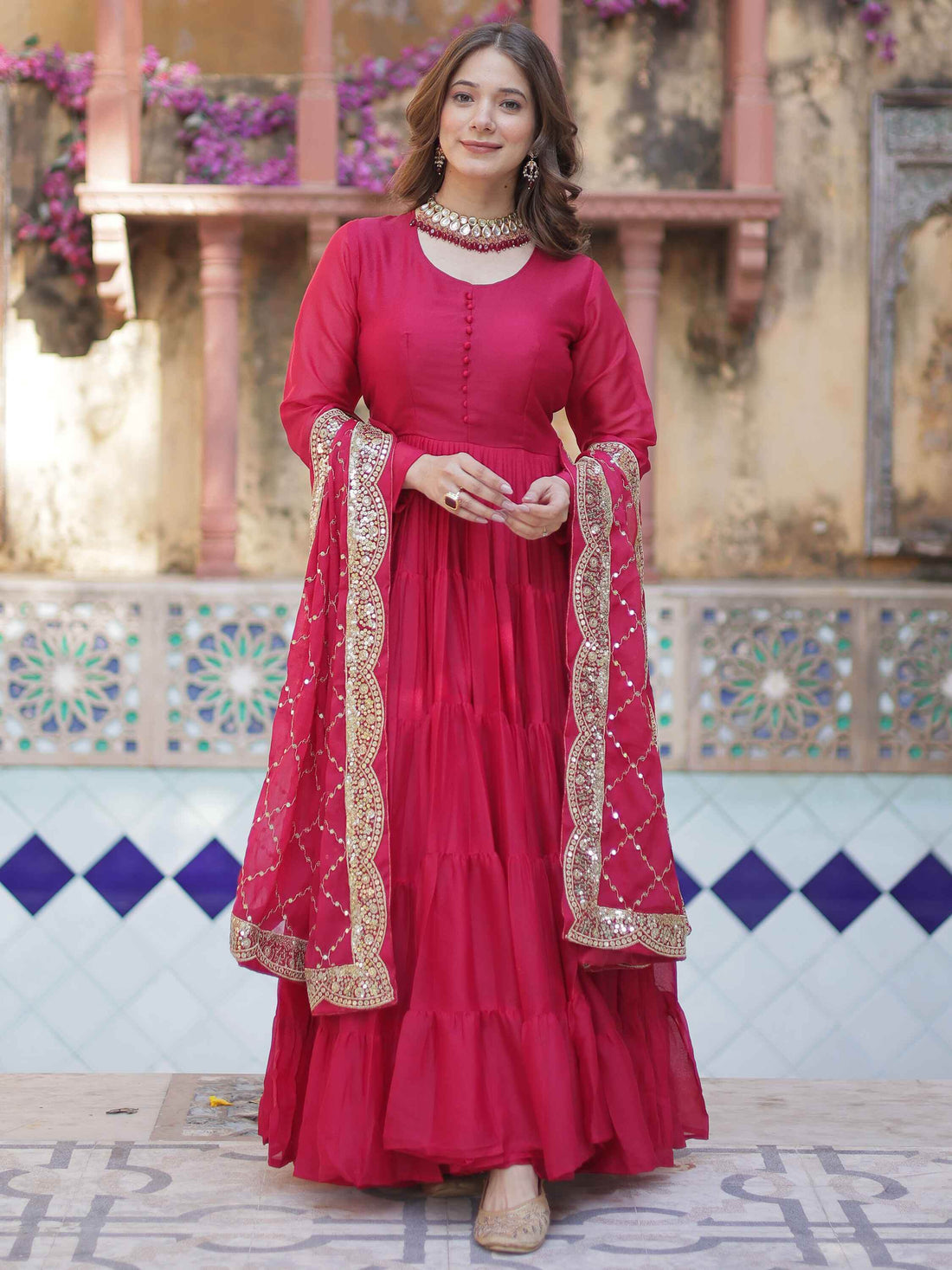 Awesome Pink Georgette Wedding Wear Gown With Dupatta - Zeel Clothing