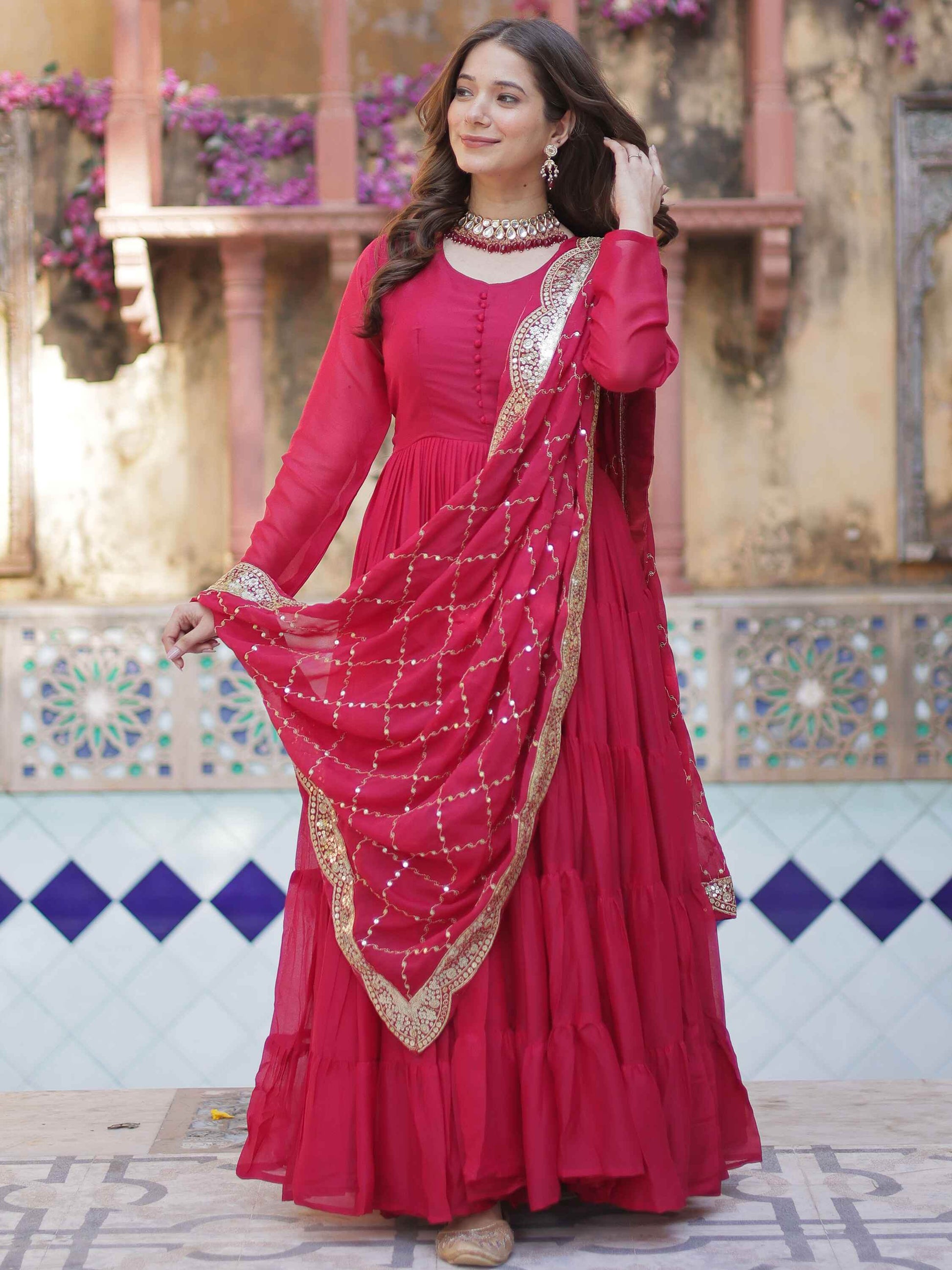 Awesome Pink Georgette Wedding Wear Gown With Dupatta - Zeel Clothing