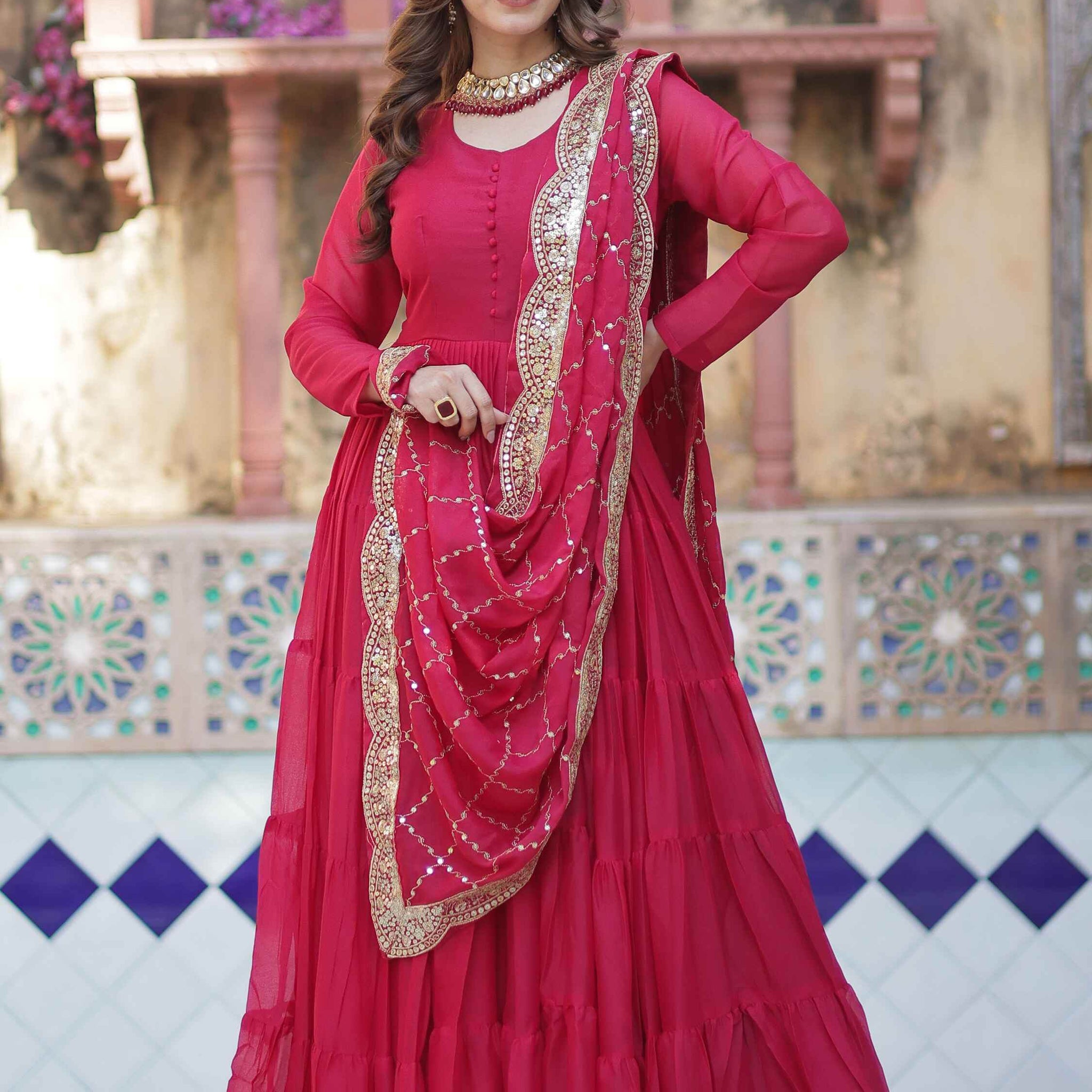 Awesome Pink Georgette Wedding Wear Gown With Dupatta - Zeel Clothing