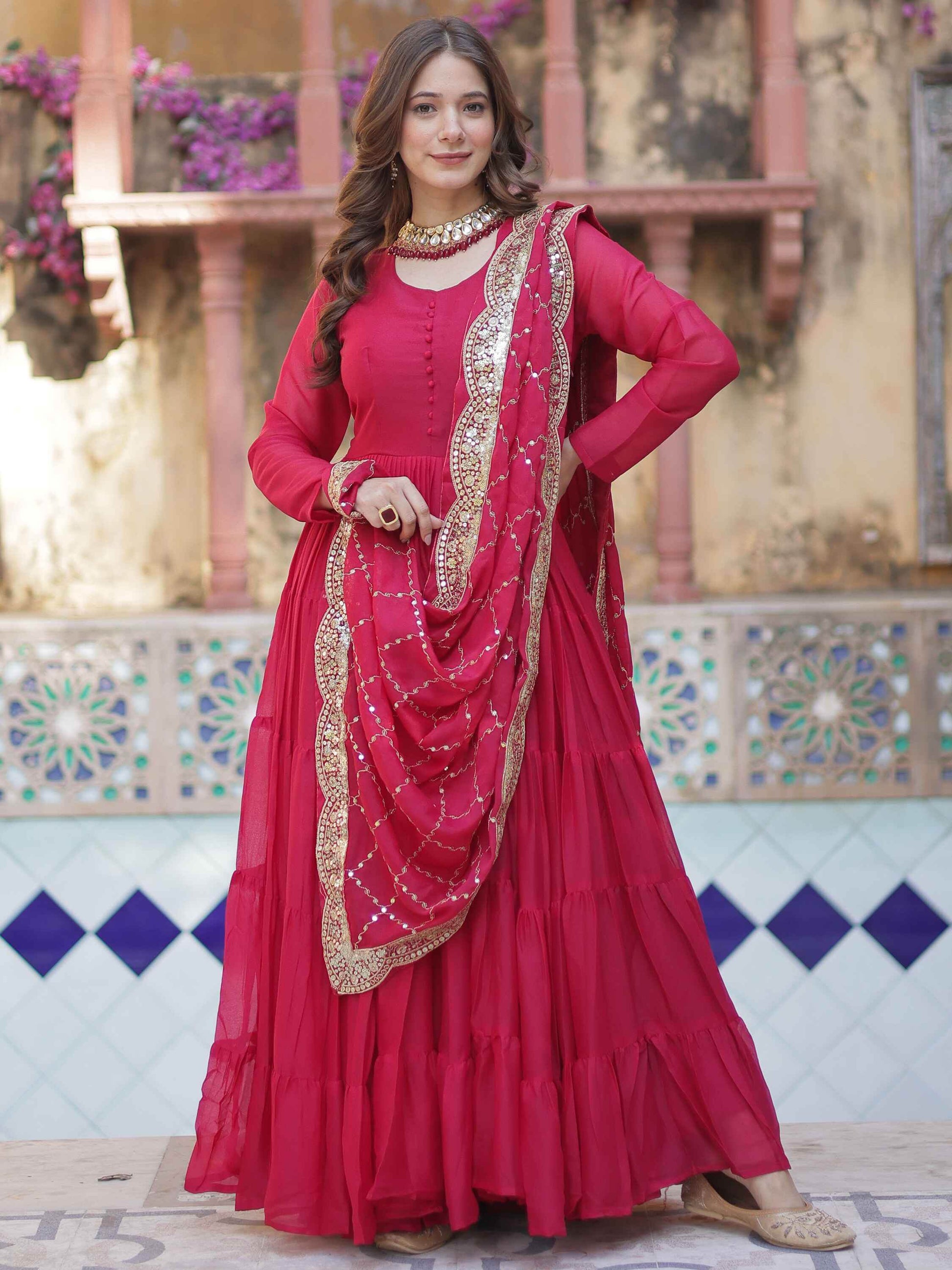 Awesome Pink Georgette Wedding Wear Gown With Dupatta - Zeel Clothing