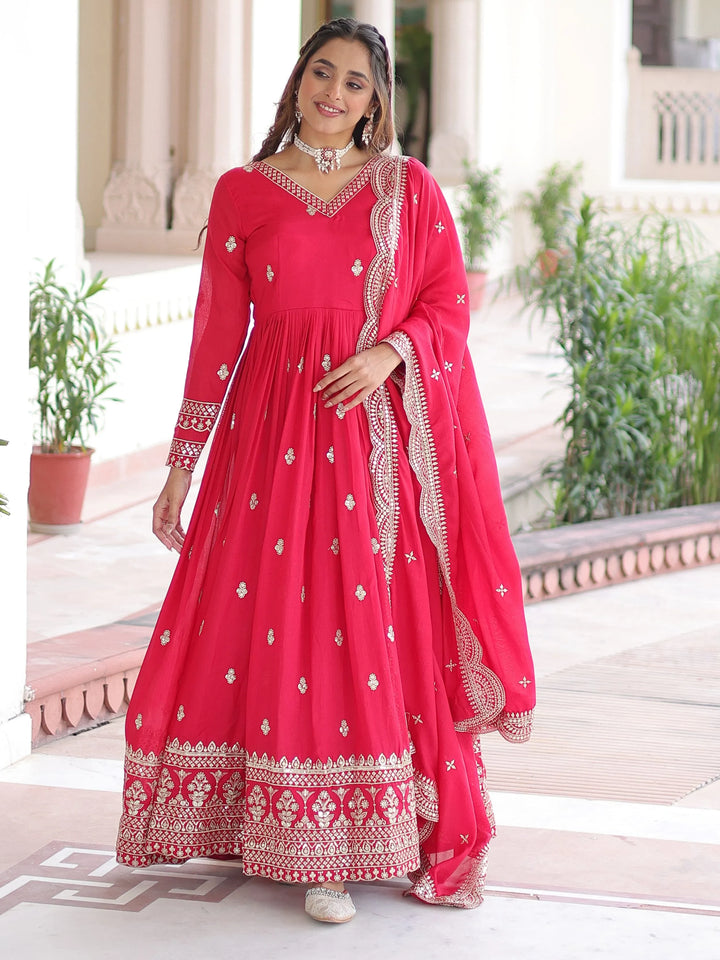 Awesome Pink Sequins Embroidery Silk Engagement Wear Gown With Dupatta