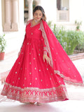 Awesome Pink Sequins Embroidery Silk Engagement Wear Gown With Dupatta