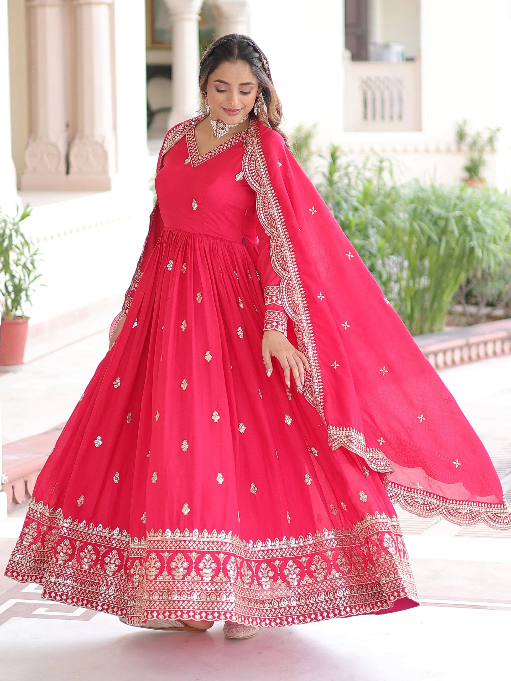 Awesome Pink Sequins Embroidery Silk Engagement Wear Gown With Dupatta
