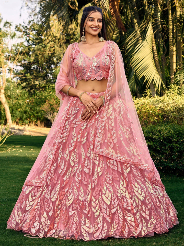 Awesome Pink Sequins Net Bridesmaid Lehenga Choli With Dupatta