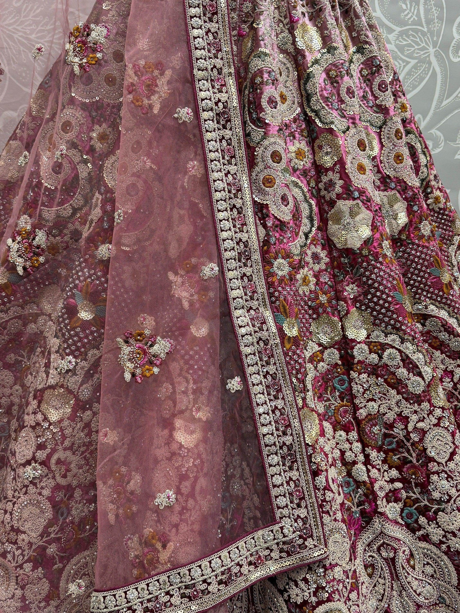 Awesome Pink Sequins Velvet Bridal Lehenga Choli With Dupatta - Zeel Clothing