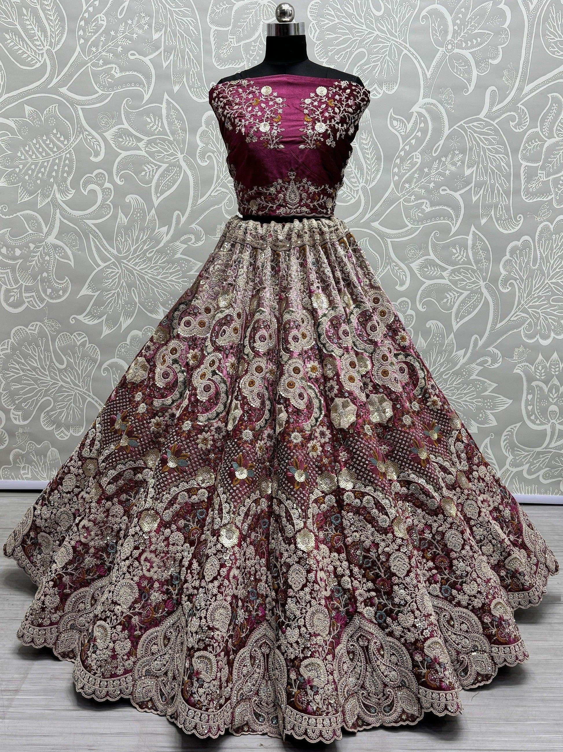 Awesome Pink Sequins Velvet Bridal Lehenga Choli With Dupatta - Zeel Clothing