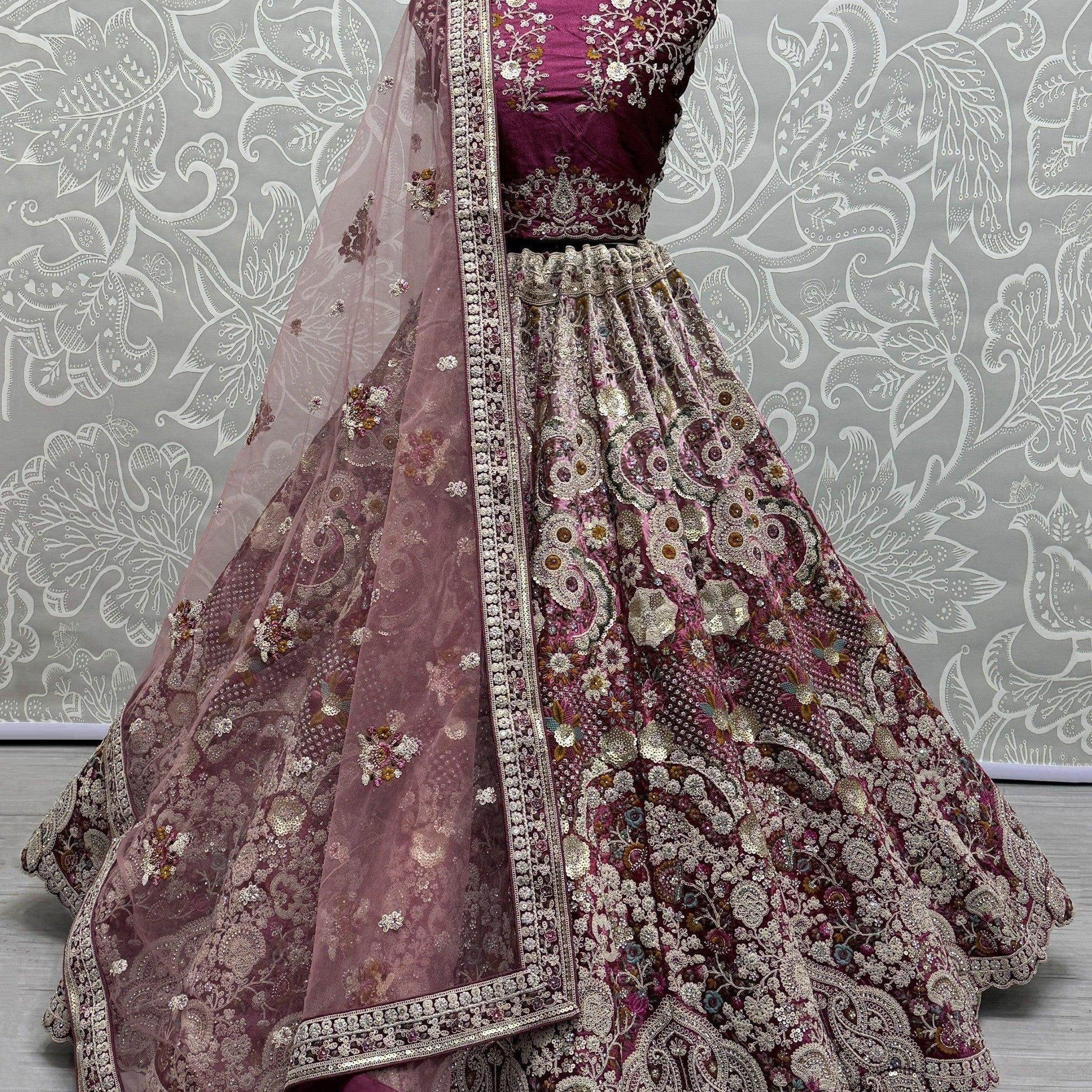 Awesome Pink Sequins Velvet Bridal Lehenga Choli With Dupatta - Zeel Clothing