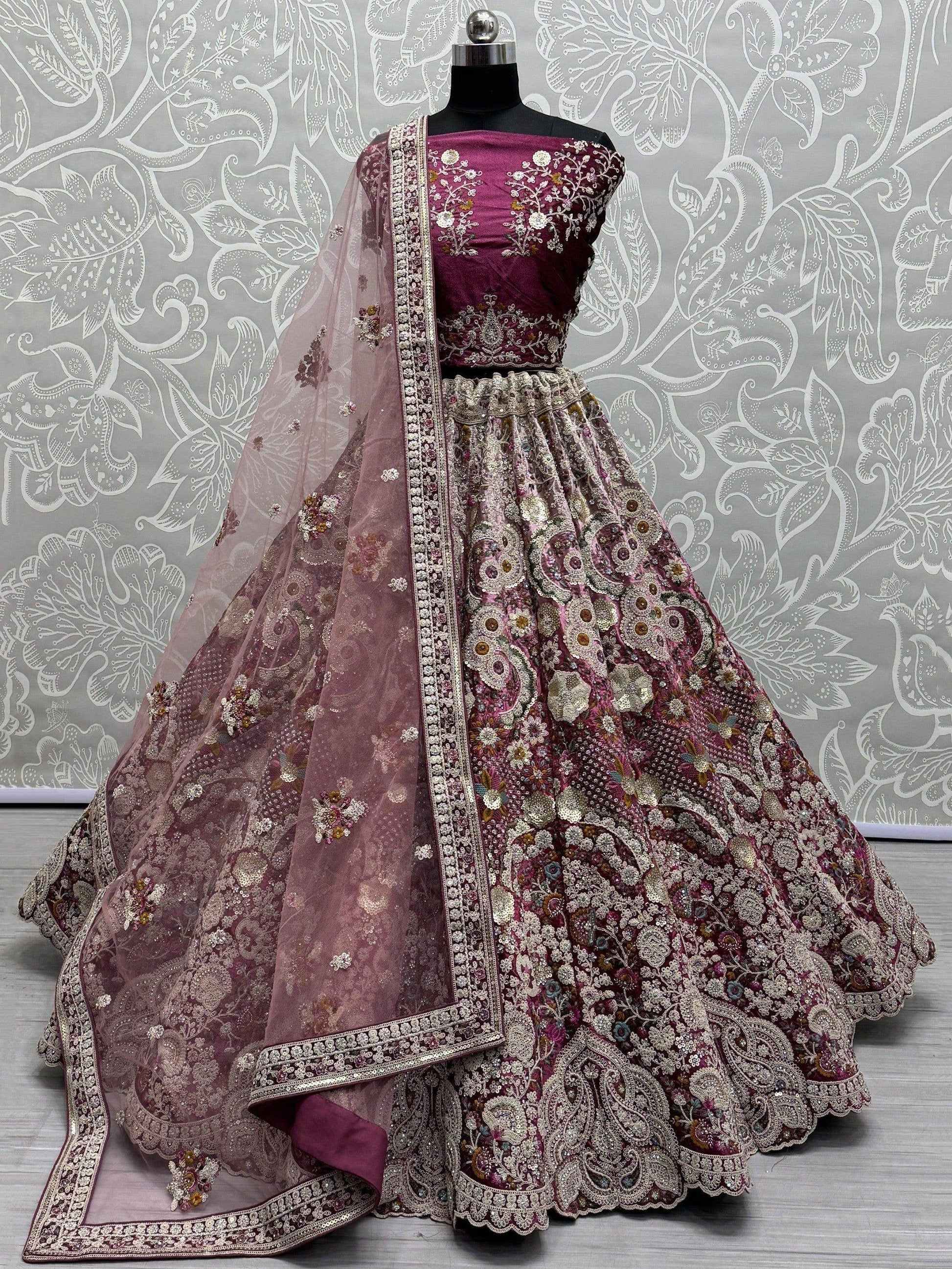 Awesome Pink Sequins Velvet Bridal Lehenga Choli With Dupatta - Zeel Clothing