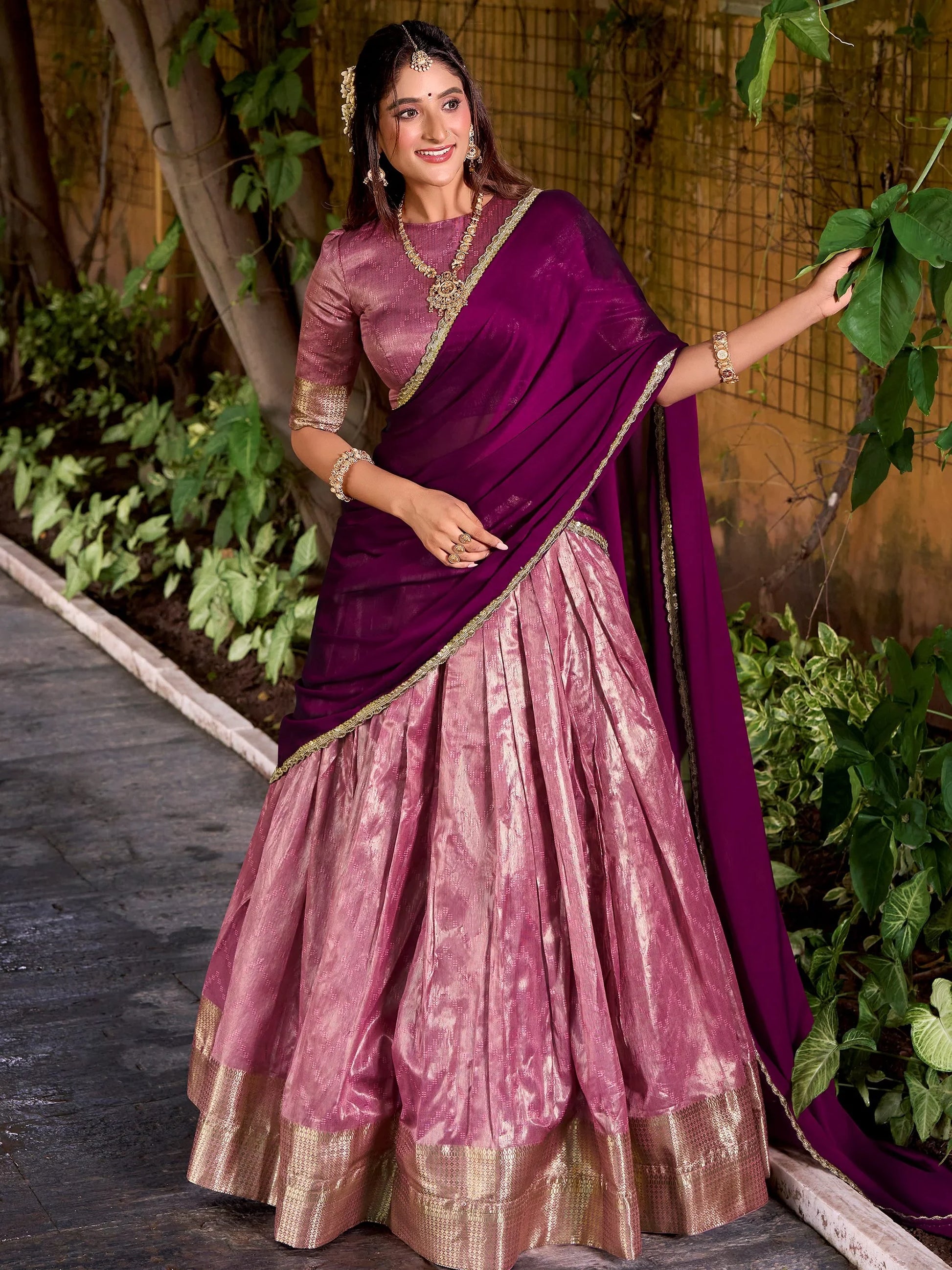Awesome Pink Zari Weaving Silk Event Wear Half Saree Lehenga