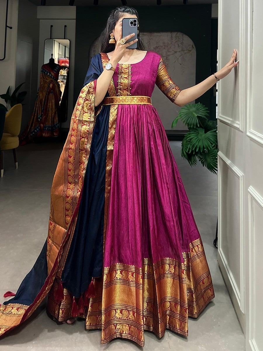 Awesome Pink Zari Woven Cotton Festive Wear Gown With Dupatta