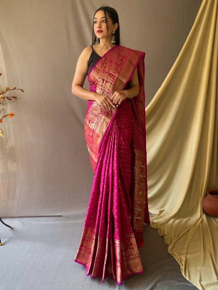 Awesome Pink Zari Woven Silk Event Wear Saree With Blouse