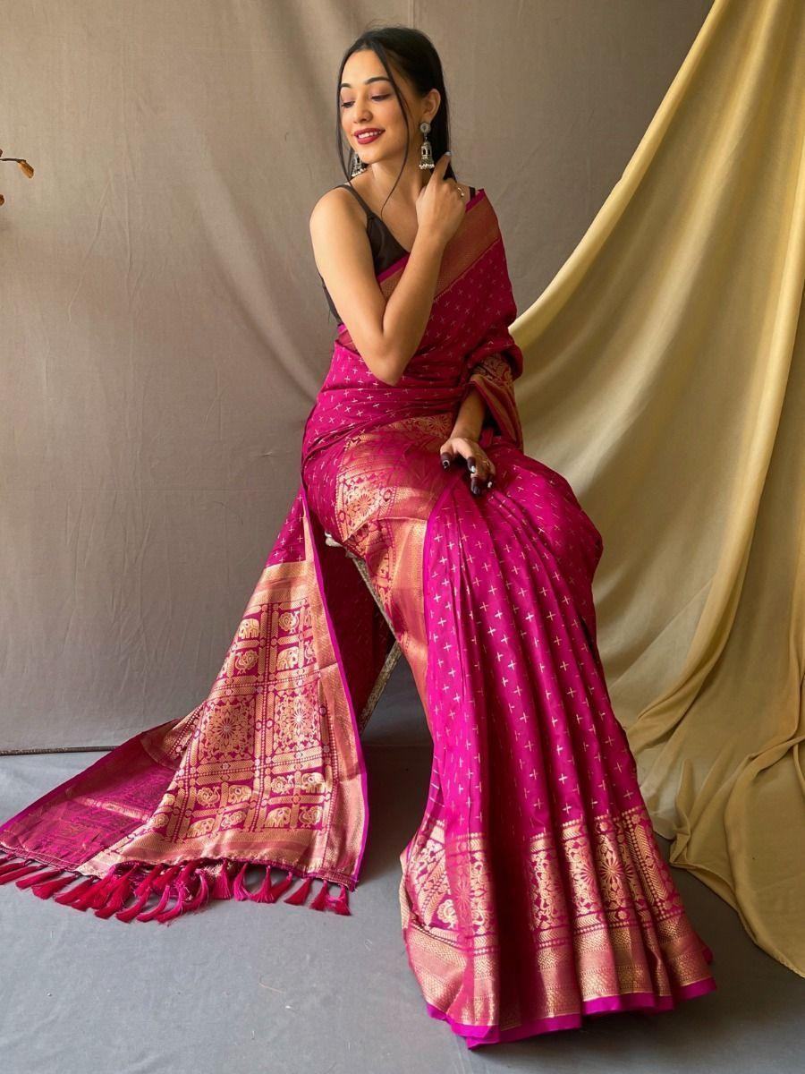 Awesome Pink Zari Woven Silk Event Wear Saree With Blouse