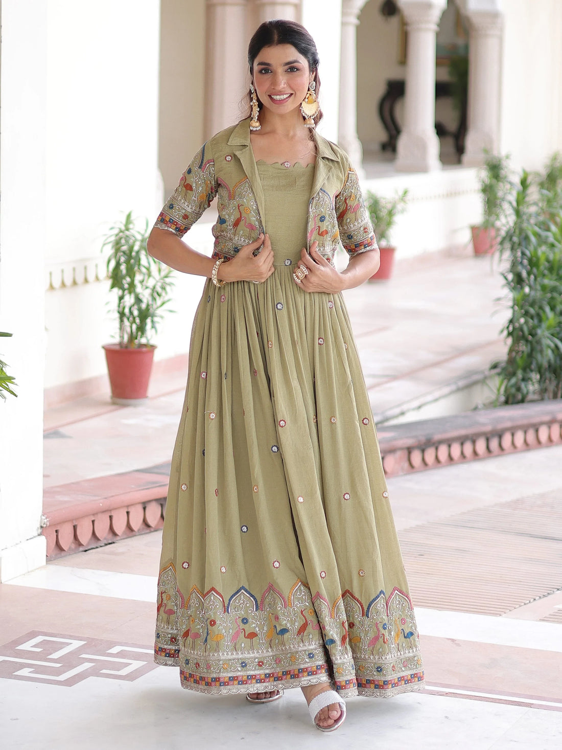 Awesome Pista Green Thread Work Silk Mehendi Wear Gown With Jacket