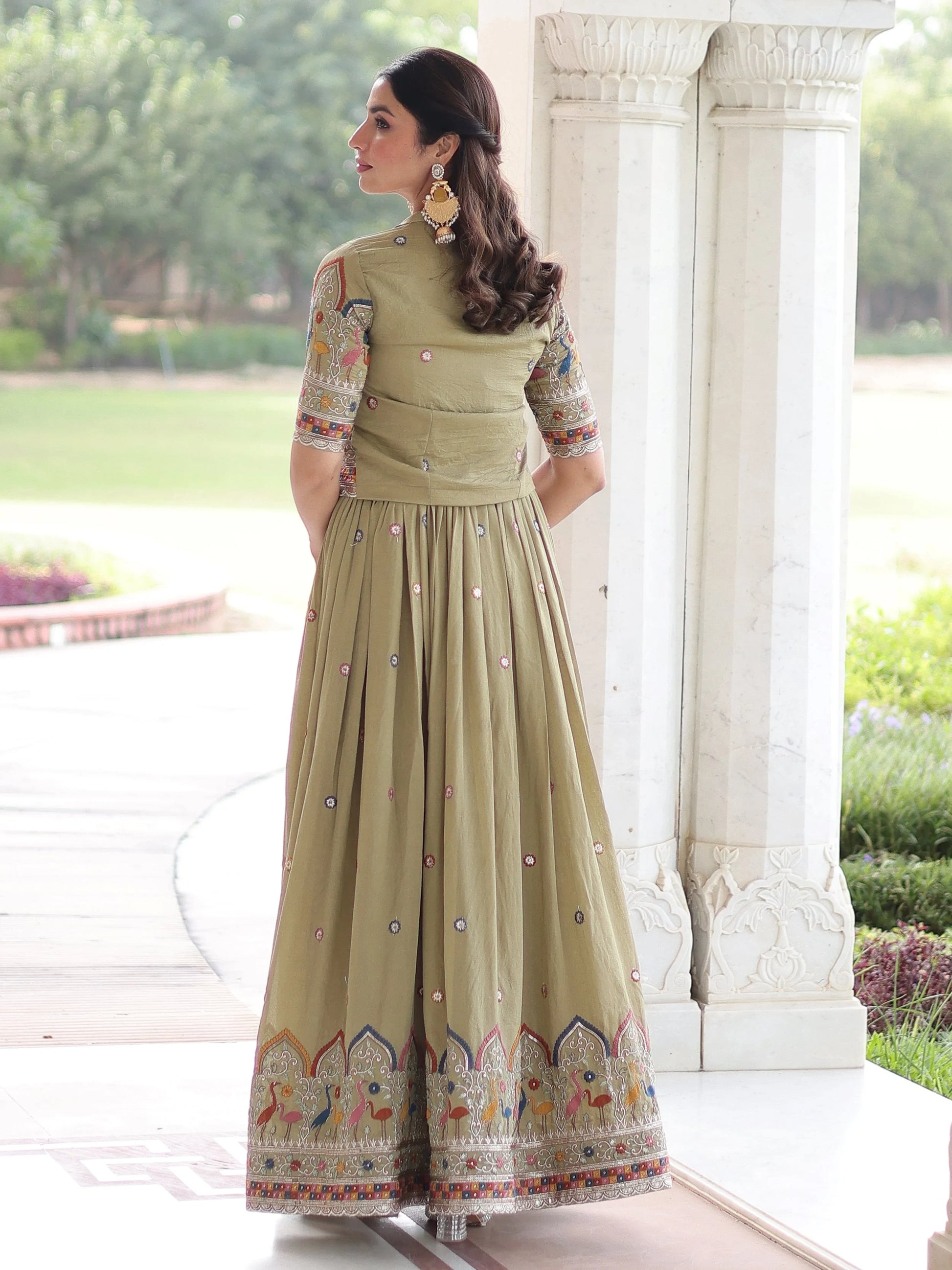 Awesome Pista Green Thread Work Silk Mehendi Wear Gown With Jacket