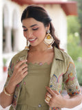 Awesome Pista Green Thread Work Silk Mehendi Wear Gown With Jacket