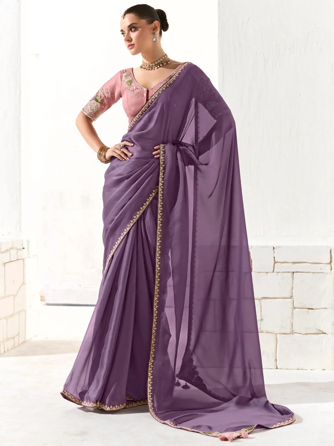 Awesome Purple Border Work Tissue Silk Festival Wear Saree With Blouse - Zeel Clothing