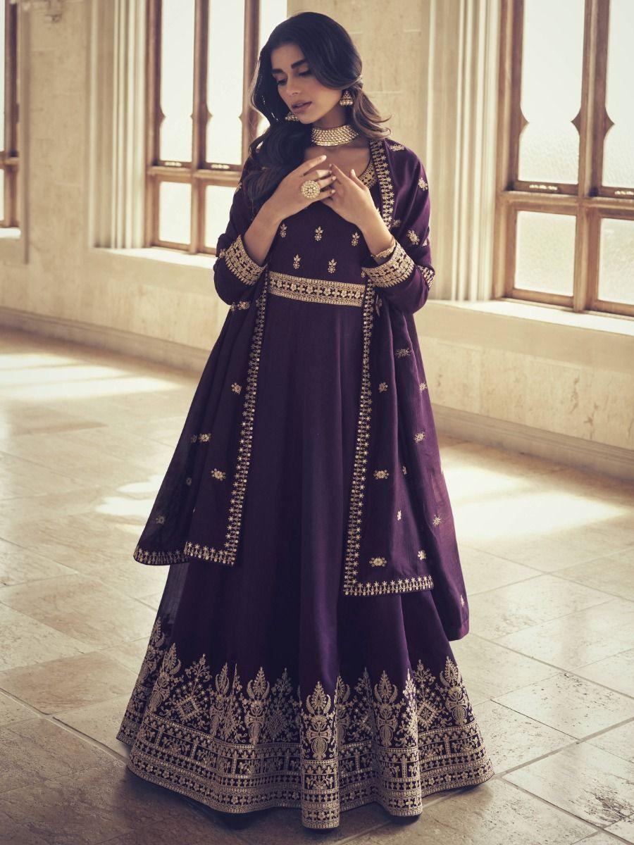 Awesome Purple Embroidered Silk Ready-Made Gown With Dupatta