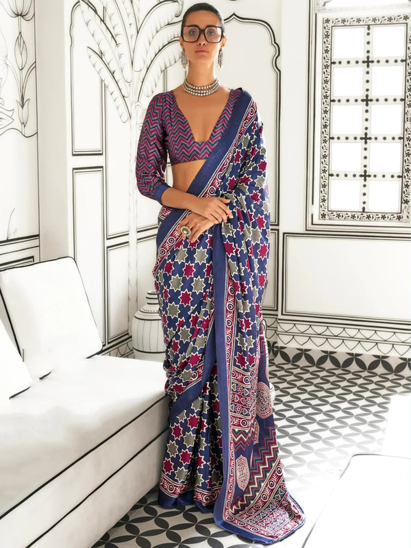 Awesome Purple Printed Satin Casual Wear Saree With Blouse - Zeel Clothing