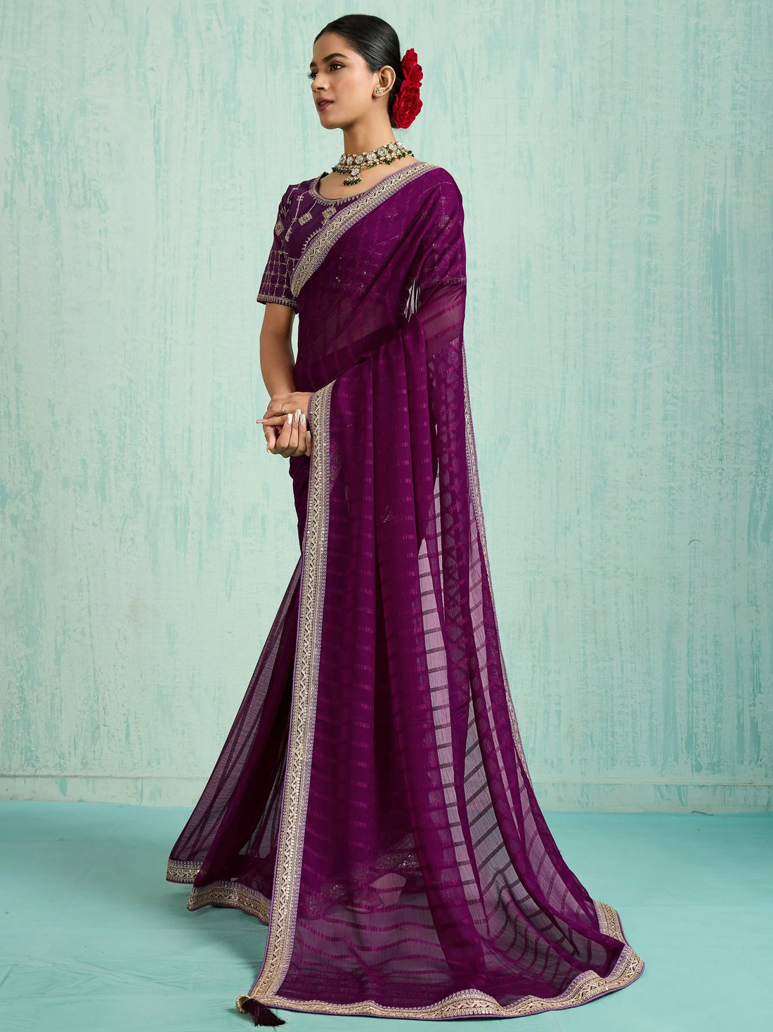 Awesome Purple Sequins Border Chiffon Wedding Wear Saree With Blouse