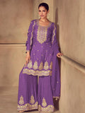 Awesome Purple Sequins Work Chinon Festive Wear Palazzo Suit With Dupatta - Zeel Clothing