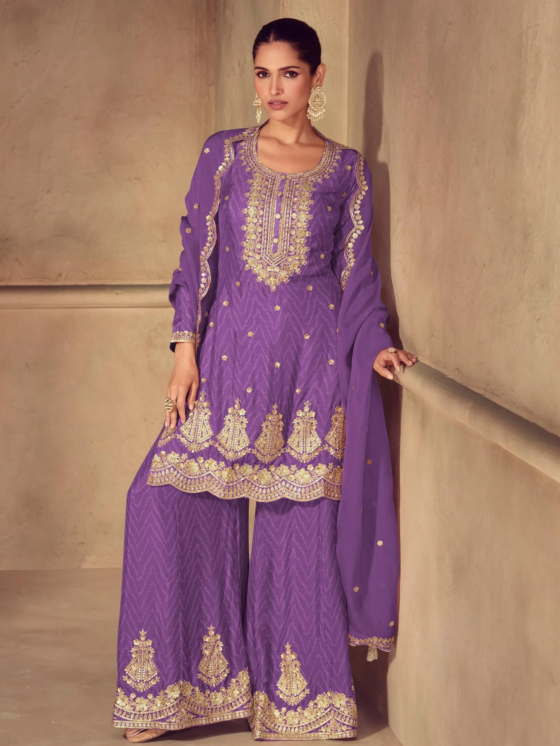Awesome Purple Sequins Work Chinon Festive Wear Palazzo Suit With Dupatta - Zeel Clothing