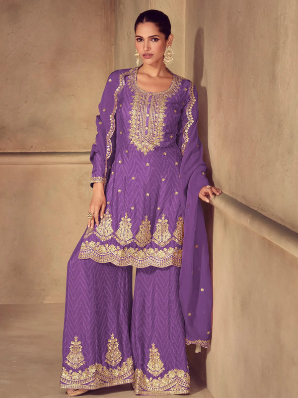 Awesome Purple Sequins Work Chinon Festive Wear Palazzo Suit With Dupatta - Zeel Clothing