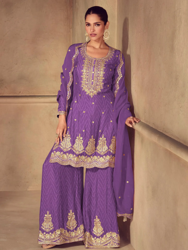 Awesome Purple Sequins Work Chinon Festive Wear Palazzo Suit With Dupatta - Zeel Clothing