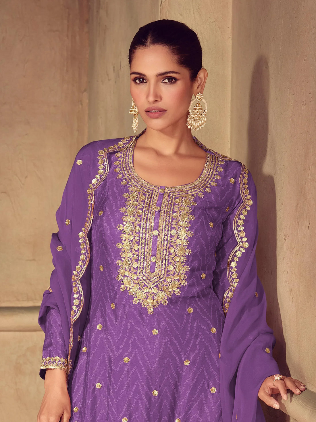 Awesome Purple Sequins Work Chinon Festive Wear Palazzo Suit With Dupatta - Zeel Clothing