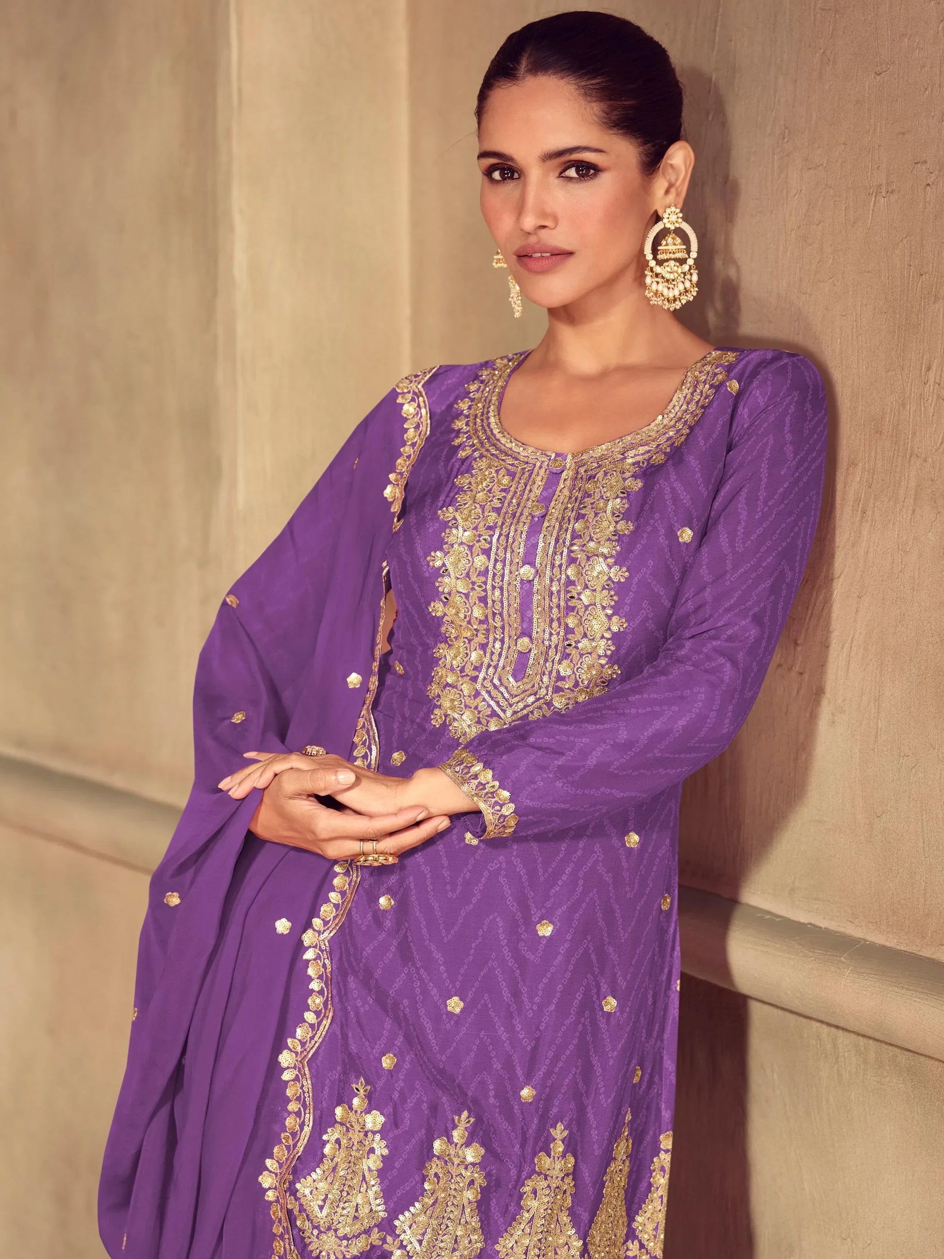 Awesome Purple Sequins Work Chinon Festive Wear Palazzo Suit With Dupatta - Zeel Clothing