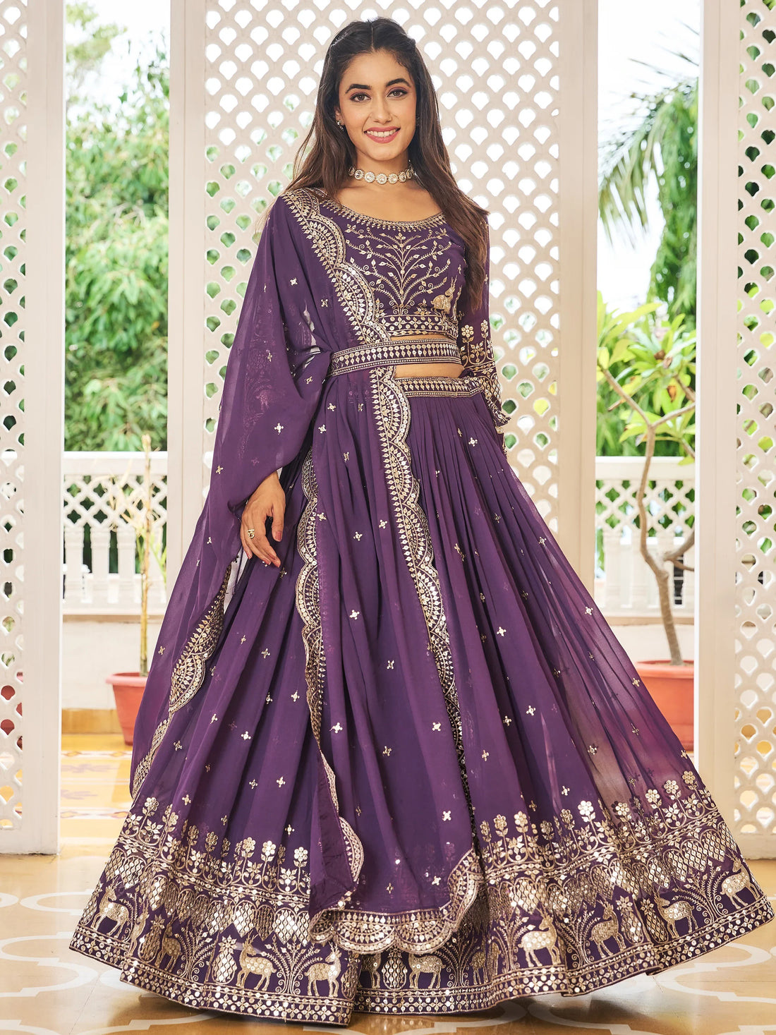 Awesome Purple Sequins Work Georgette Bridesmaid Lehenga Choli With Dupatta - Zeel Clothing