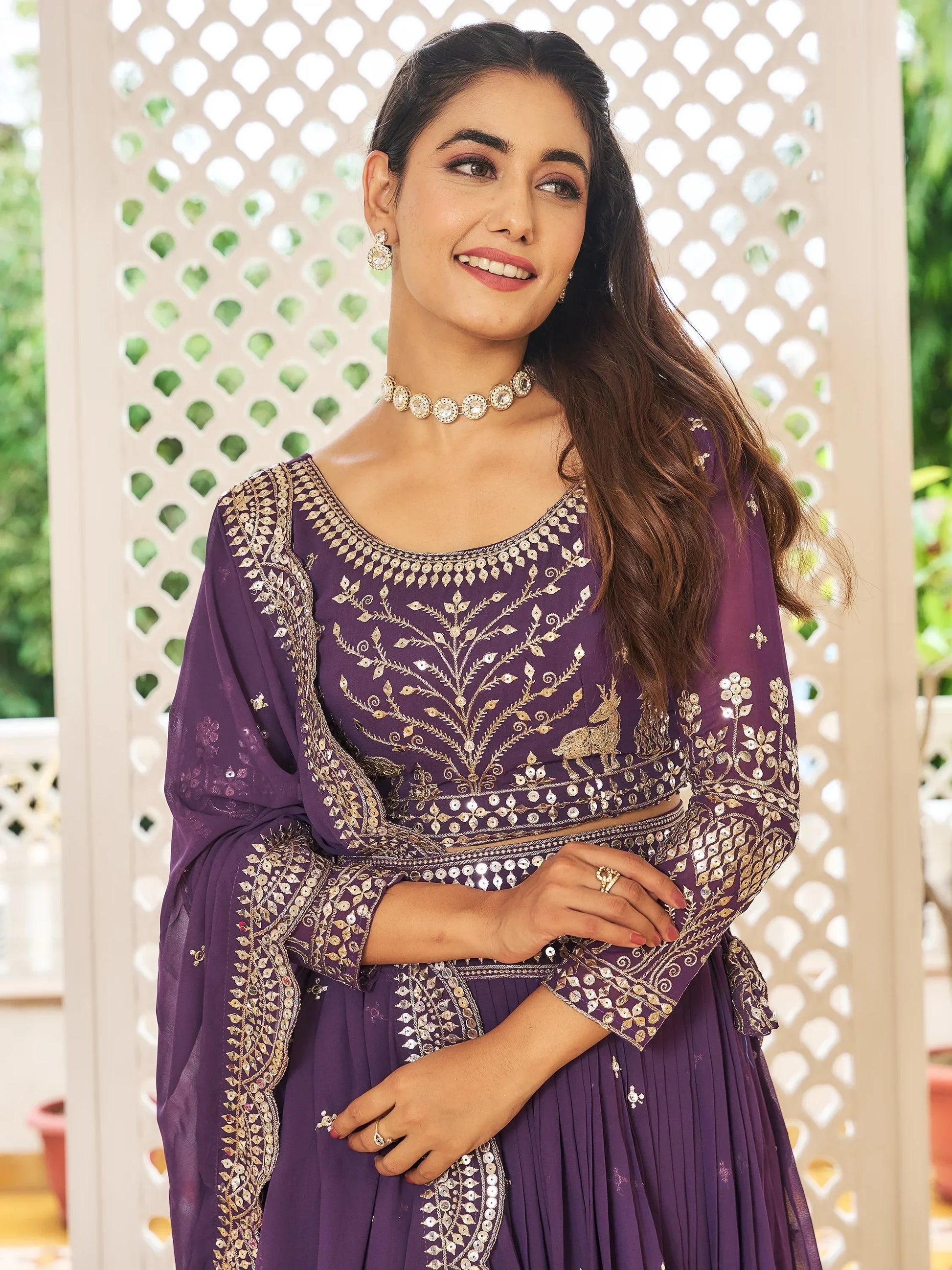 Awesome Purple Sequins Work Georgette Bridesmaid Lehenga Choli With Dupatta - Zeel Clothing