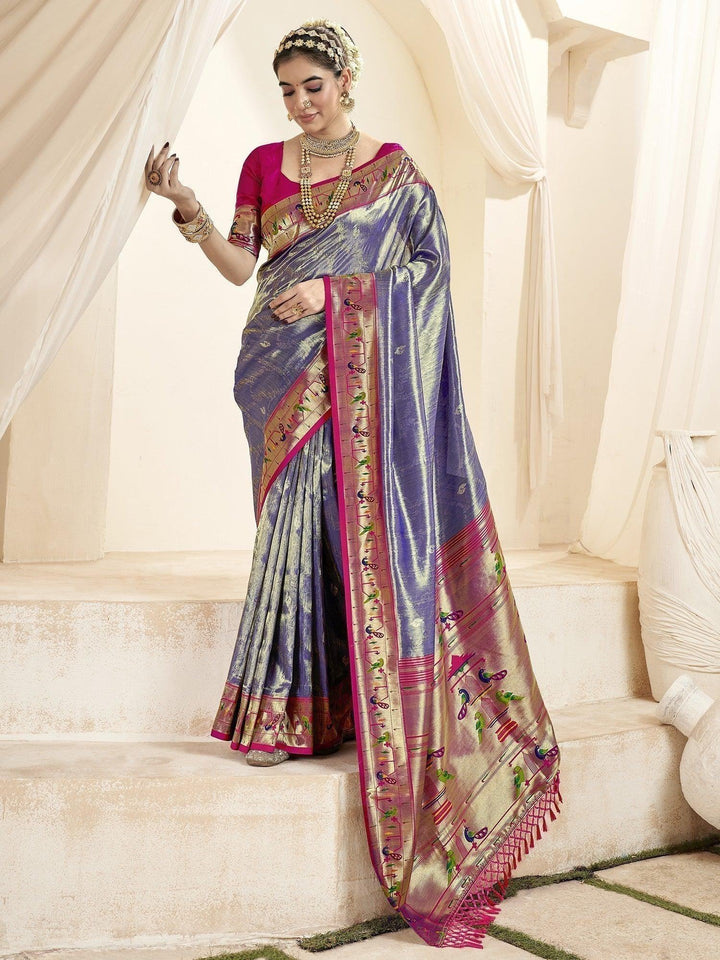 Awesome Purple Zari Weaving Silk Sangeet Wear Saree With Blouse