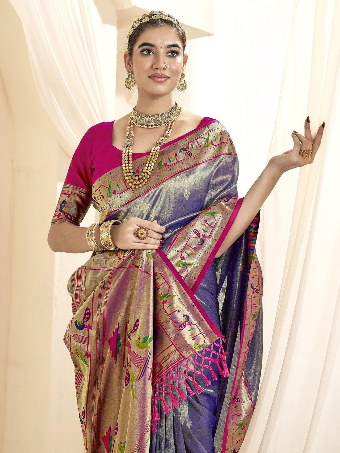 Awesome Purple Zari Weaving Silk Sangeet Wear Saree With Blouse