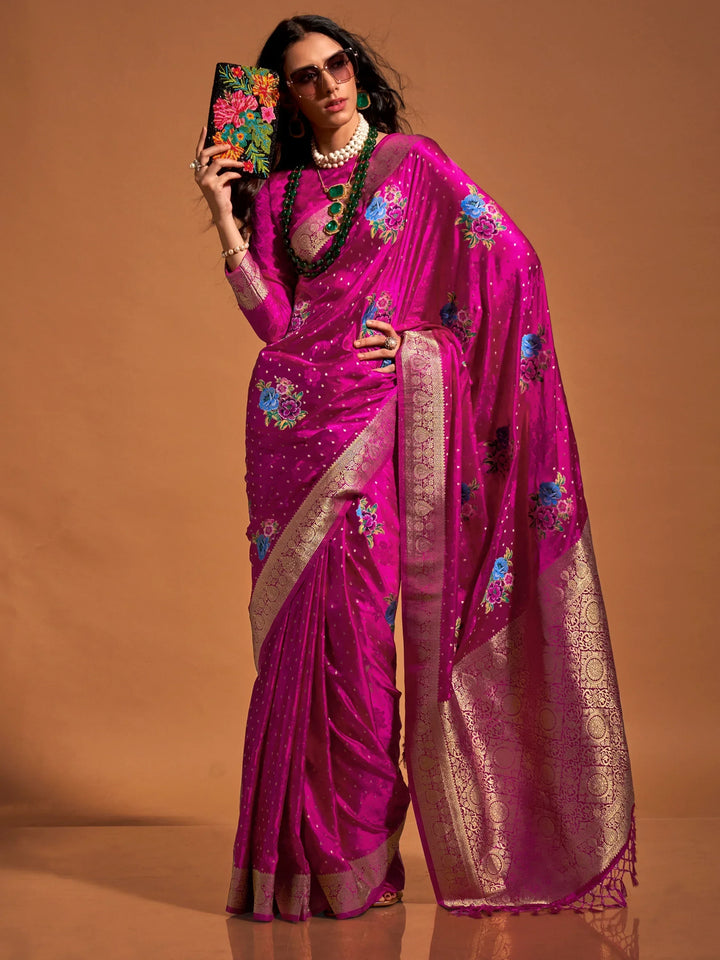 Awesome Rani Pink Weaving Satin Traditional Saree With Blouse - Zeel Clothing