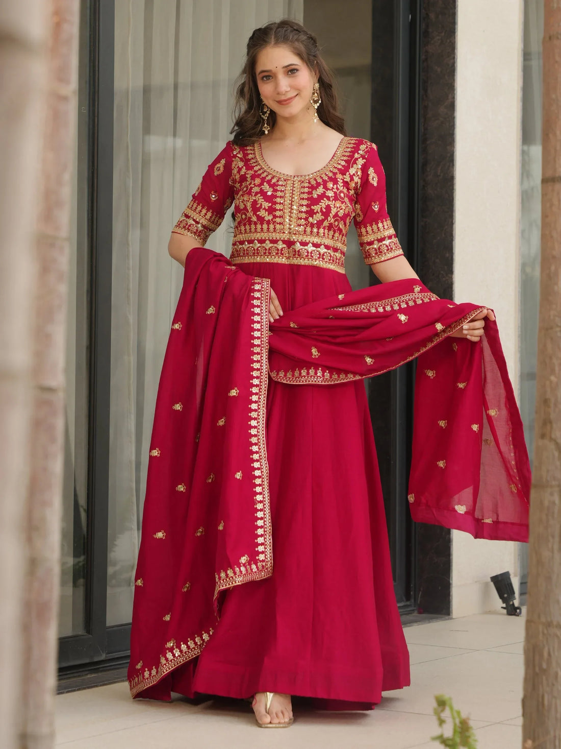 Awesome Rani Pink Zari Embroidered Vichitra Silk Gown With Dupatta - Zeel Clothing