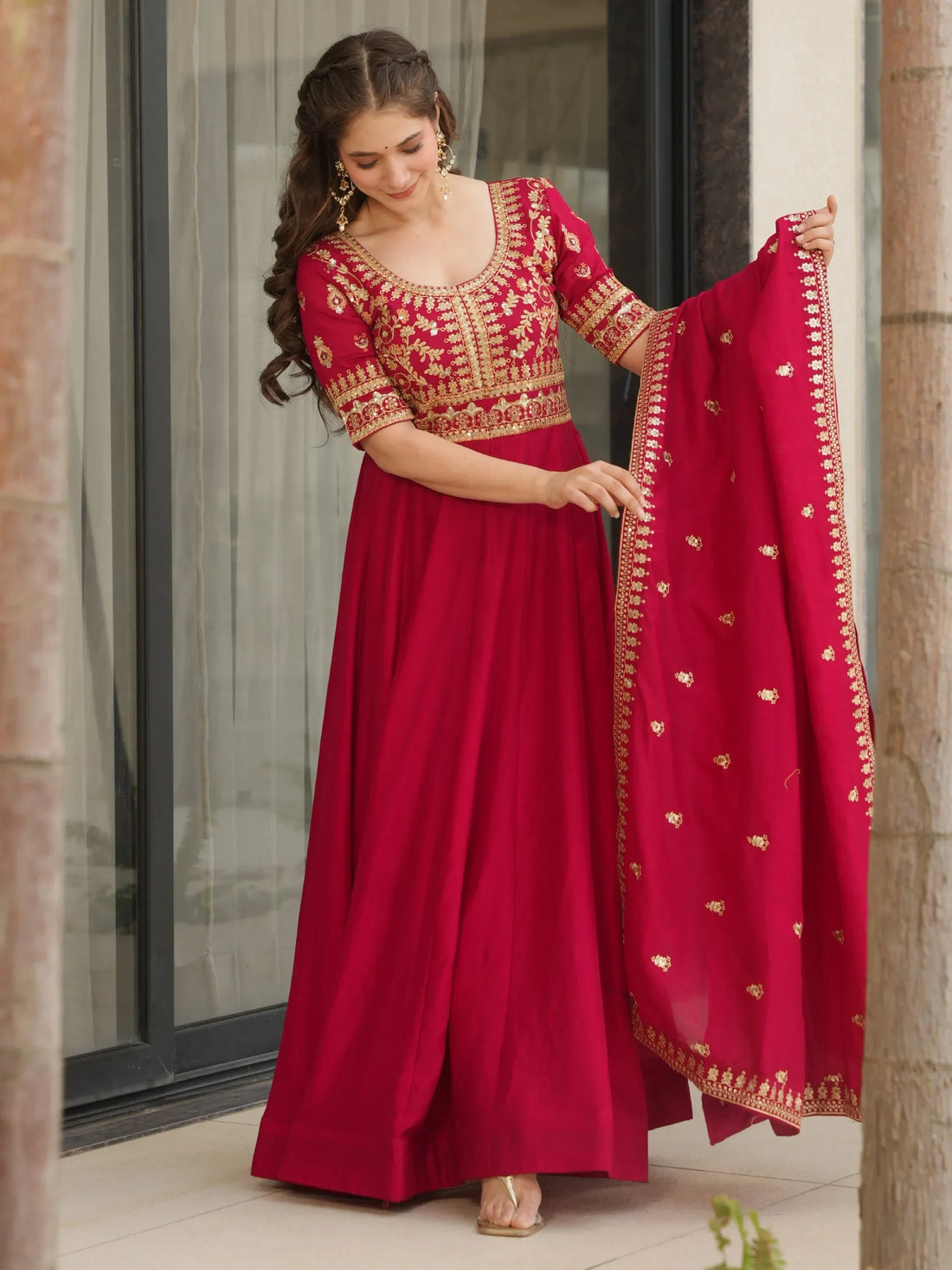 Awesome Rani Pink Zari Embroidered Vichitra Silk Gown With Dupatta - Zeel Clothing