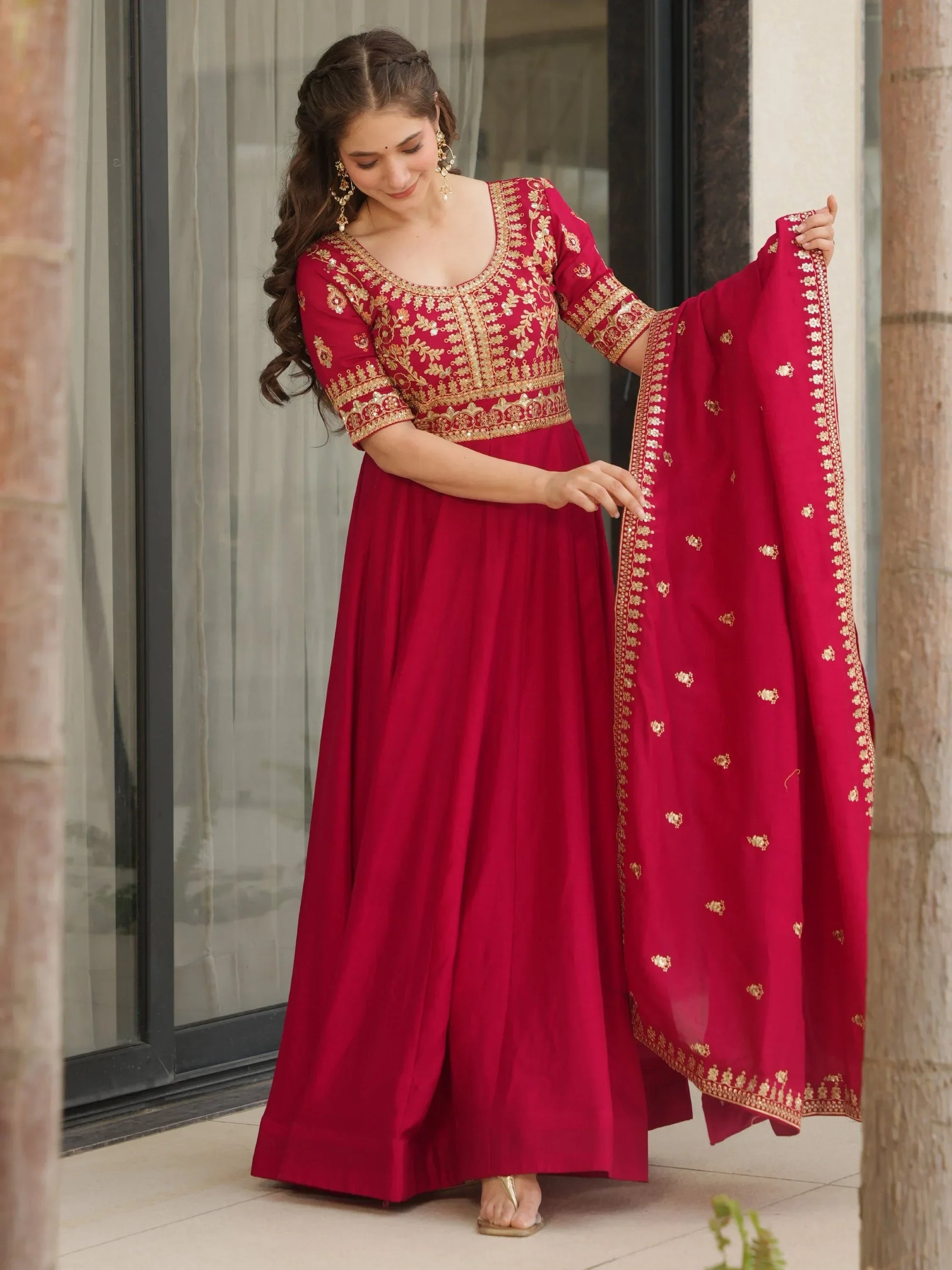 Awesome Rani Pink Zari Embroidered Vichitra Silk Gown With Dupatta - Zeel Clothing