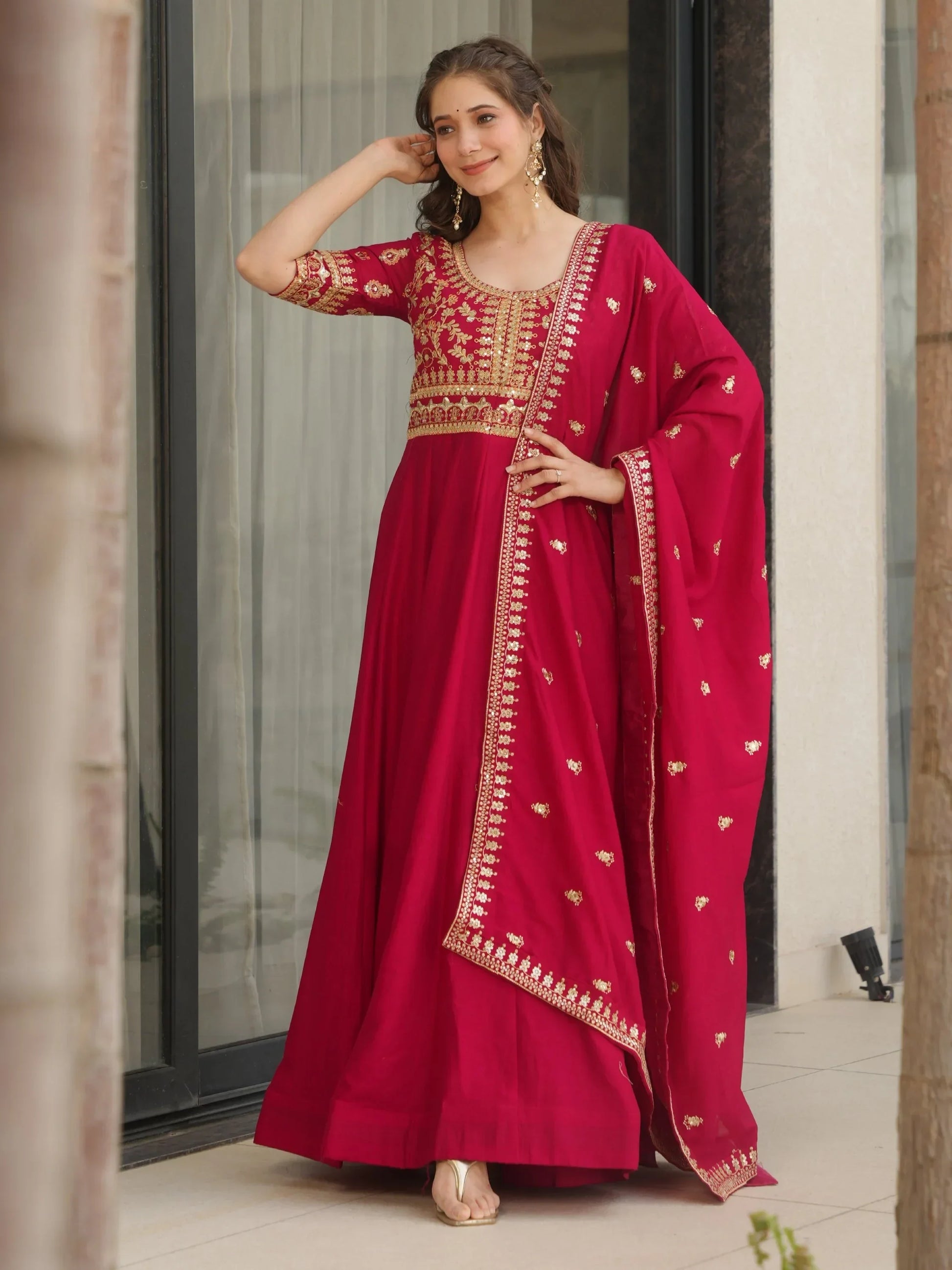 Awesome Rani Pink Zari Embroidered Vichitra Silk Gown With Dupatta - Zeel Clothing