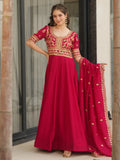 Awesome Rani Pink Zari Embroidered Vichitra Silk Gown With Dupatta - Zeel Clothing