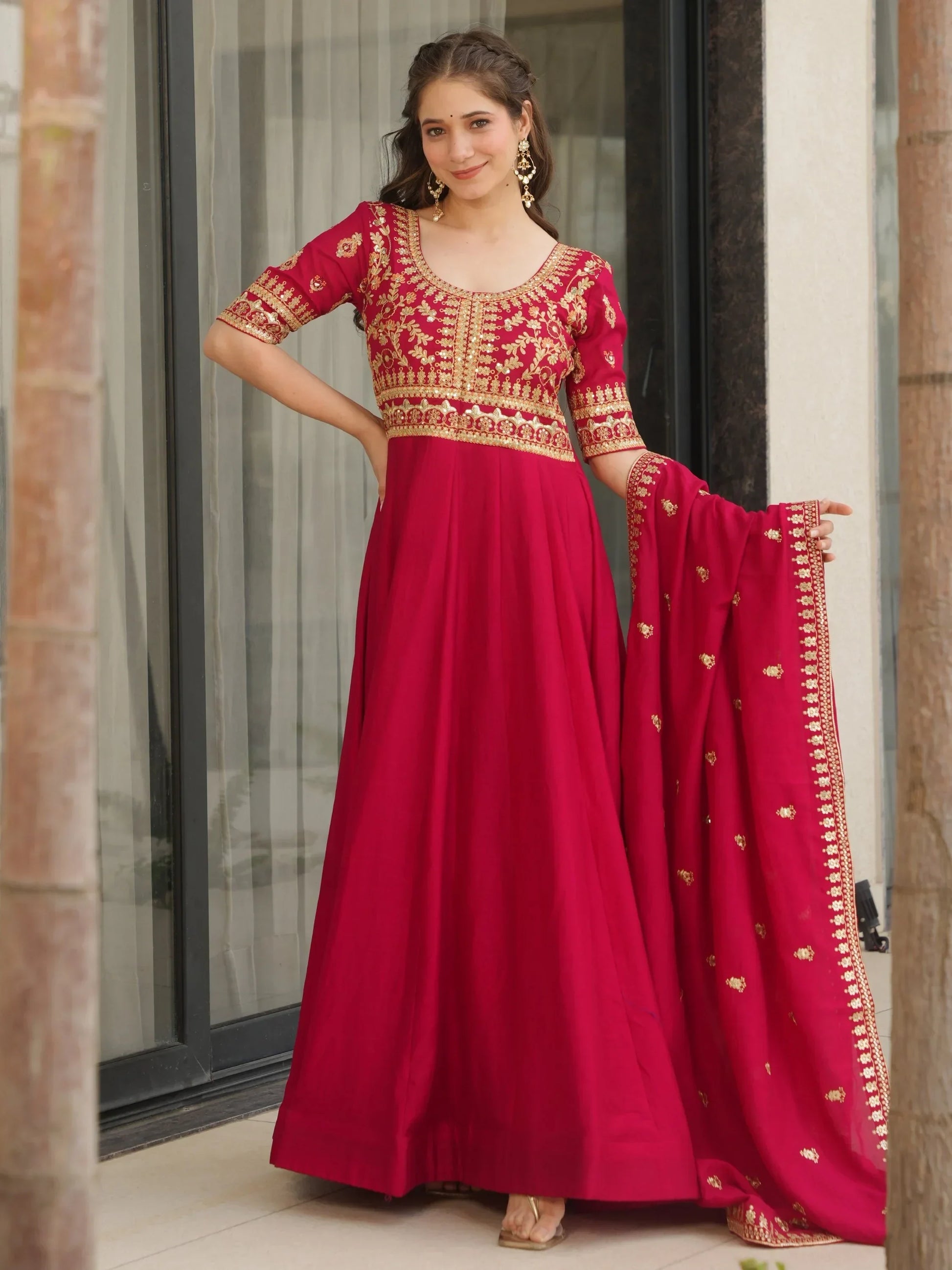 Awesome Rani Pink Zari Embroidered Vichitra Silk Gown With Dupatta - Zeel Clothing